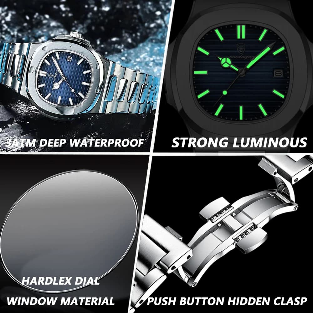 POEDAGAR carré luxe hommes montre-bracelet étanche lumineux Date en acier inoxydable mâle horloge affaires sport montres à Quartz pour hommes — 5/10