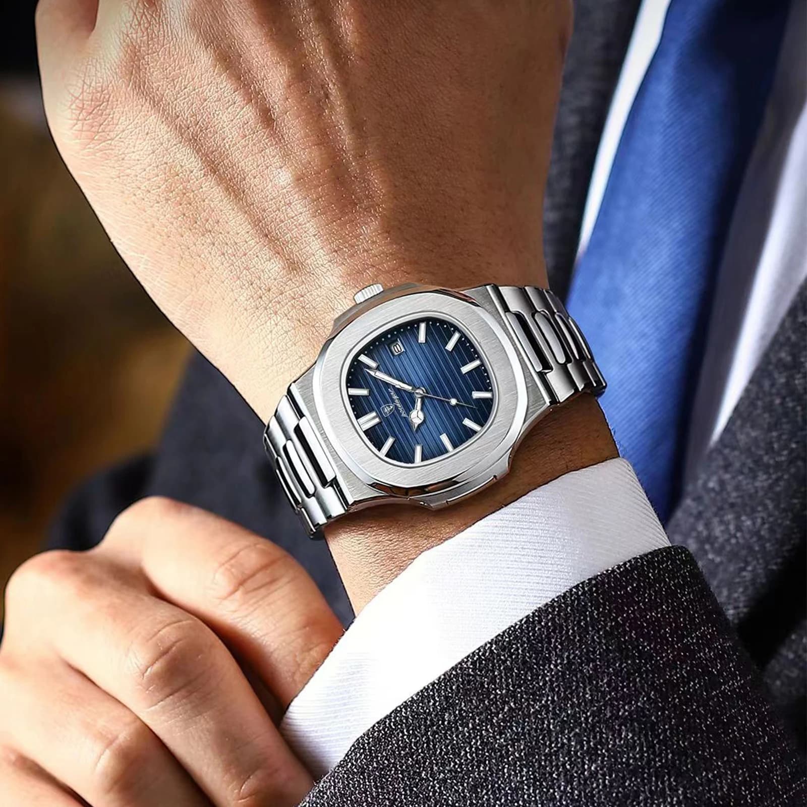 POEDAGAR carré luxe hommes montre-bracelet étanche lumineux Date en acier inoxydable mâle horloge affaires sport montres à Quartz pour hommes — 6/10