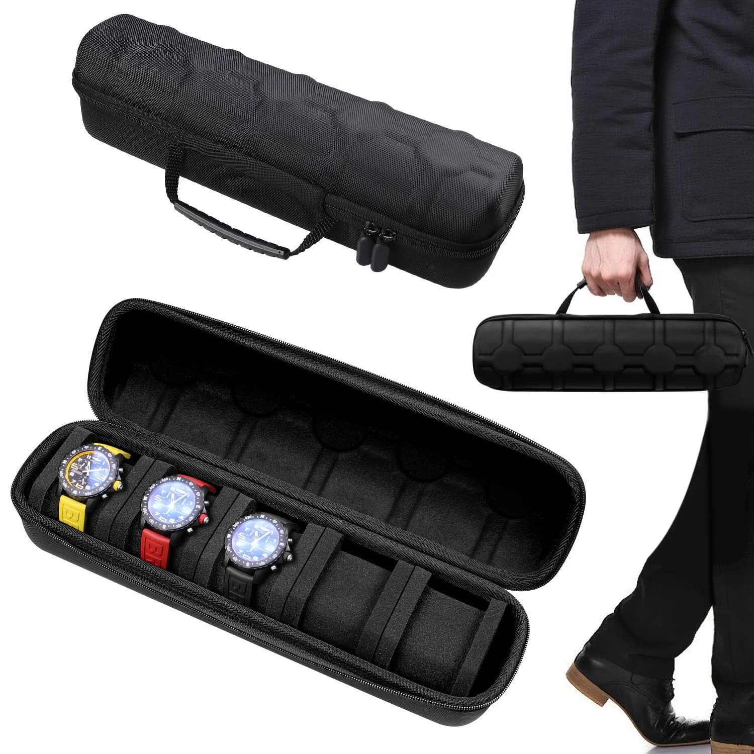 1 boîte à montres à 5 compartiments |   Organiseur de voyage à coque rigide avec insert d'oreiller - Prêt à offrir (Noir), Convient pour le rangement de montres intelligentes — 2/7