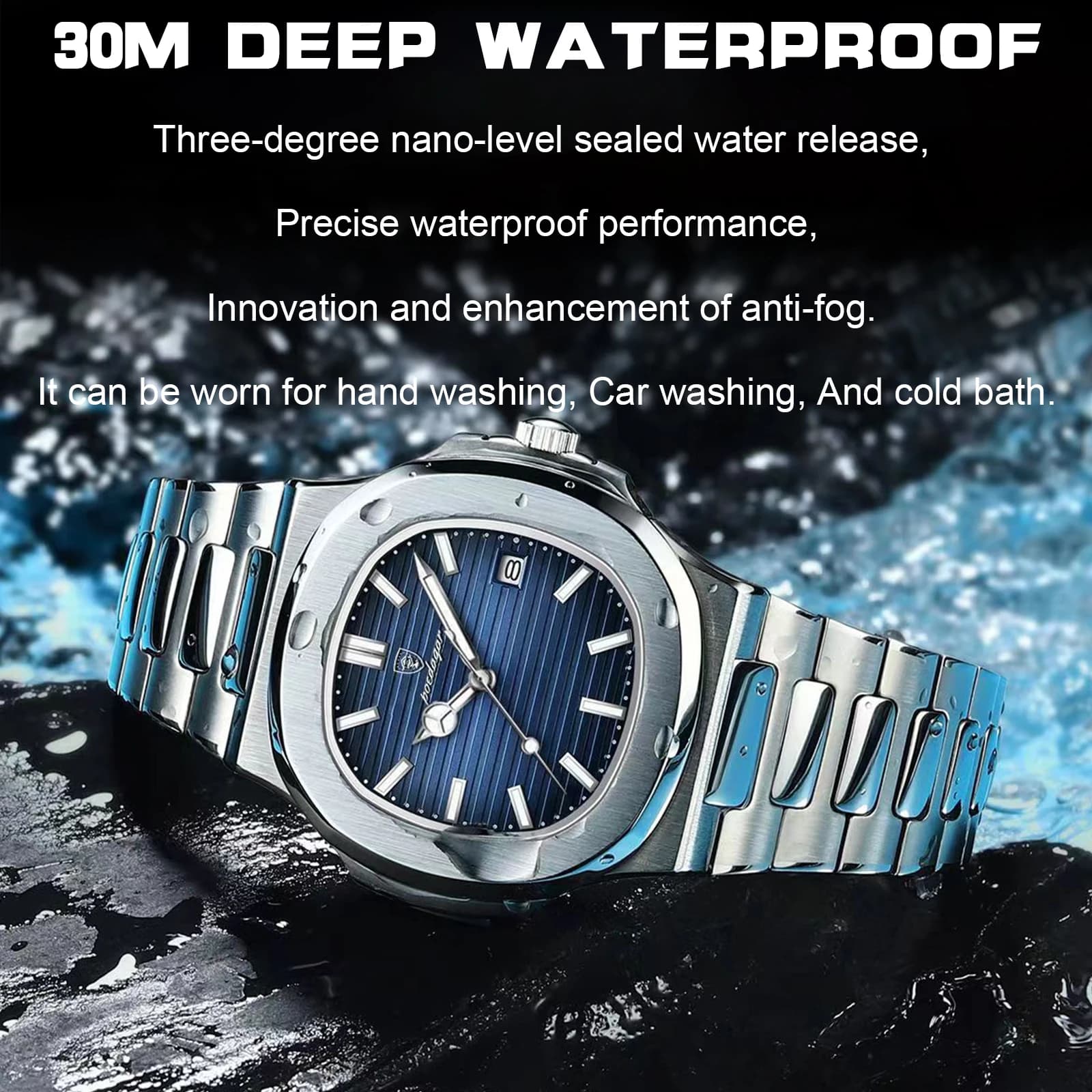 POEDAGAR carré luxe hommes montre-bracelet étanche lumineux Date en acier inoxydable mâle horloge affaires sport montres à Quartz pour hommes — 4/10
