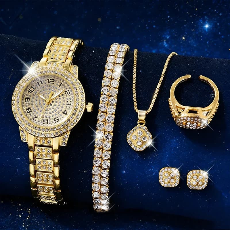 Montre de luxe pour femmes en or, montre-bracelet à quartz avec diamants, élégante montre-bracelet pour femmes, ensemble de montres Reloj Mujer — 3/4
