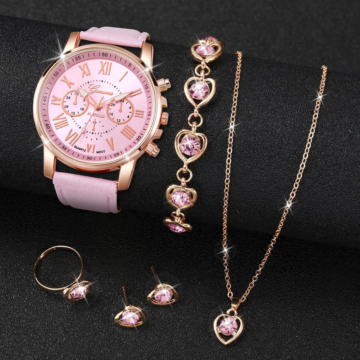 Montre à quartz avec bracelet en cuir pour femme, montres-bracelets analogiques, ensemble de bijoux en biscuits coeur, mode, sans boîte, 5 pièces, 6 pièces — 10/10