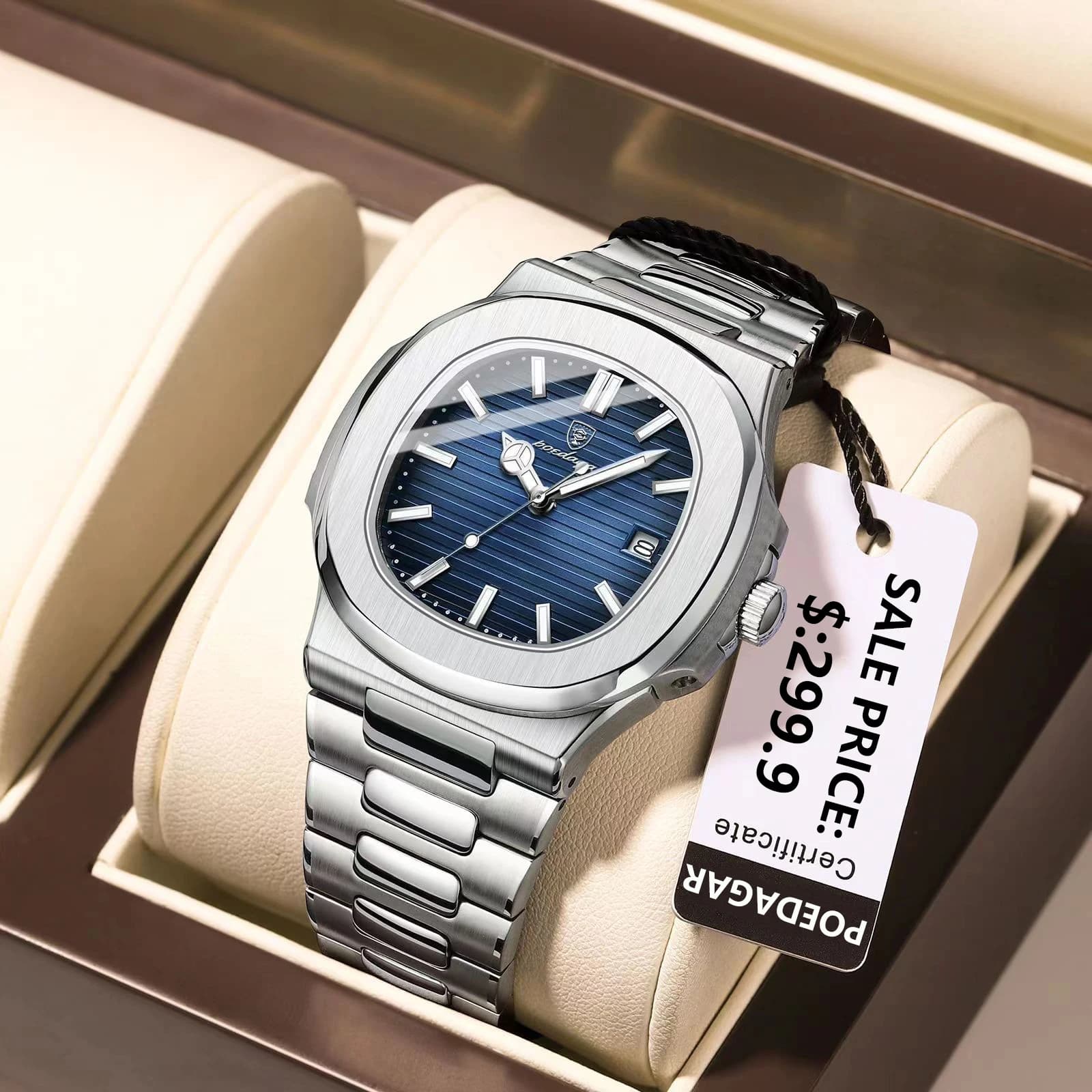 POEDAGAR carré luxe hommes montre-bracelet étanche lumineux Date en acier inoxydable mâle horloge affaires sport montres à Quartz pour hommes — 3/10