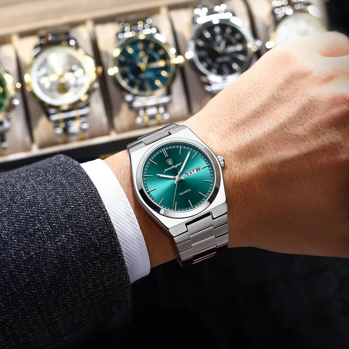 POEDAGAR montres pour hommes de luxe étanche lumineux Date semaine hommes montre en acier inoxydable décontracté mode Quartz homme montre-bracelet Reloj — 5/10