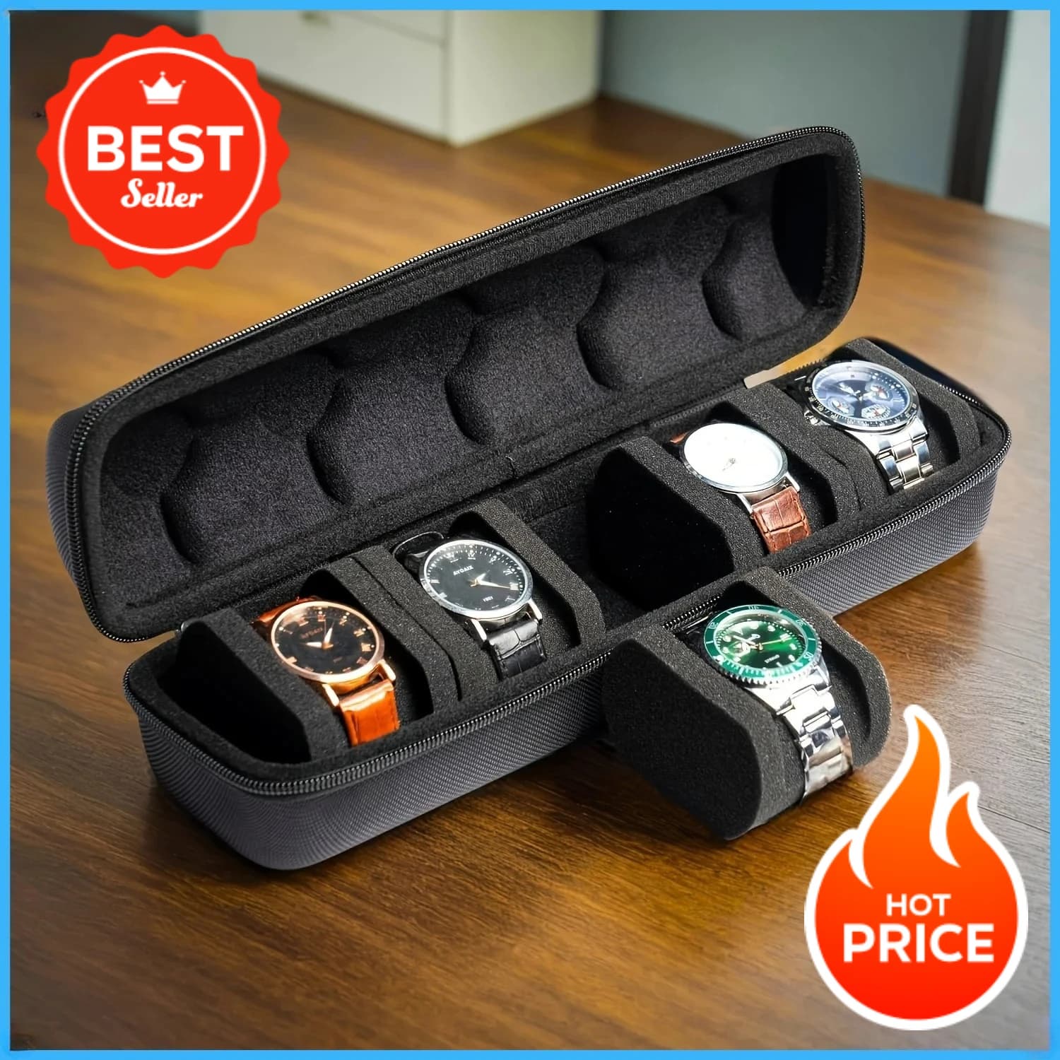1 boîte à montres à 5 compartiments |   Organiseur de voyage à coque rigide avec insert d'oreiller - Prêt à offrir (Noir), Convient pour le rangement de montres intelligentes
