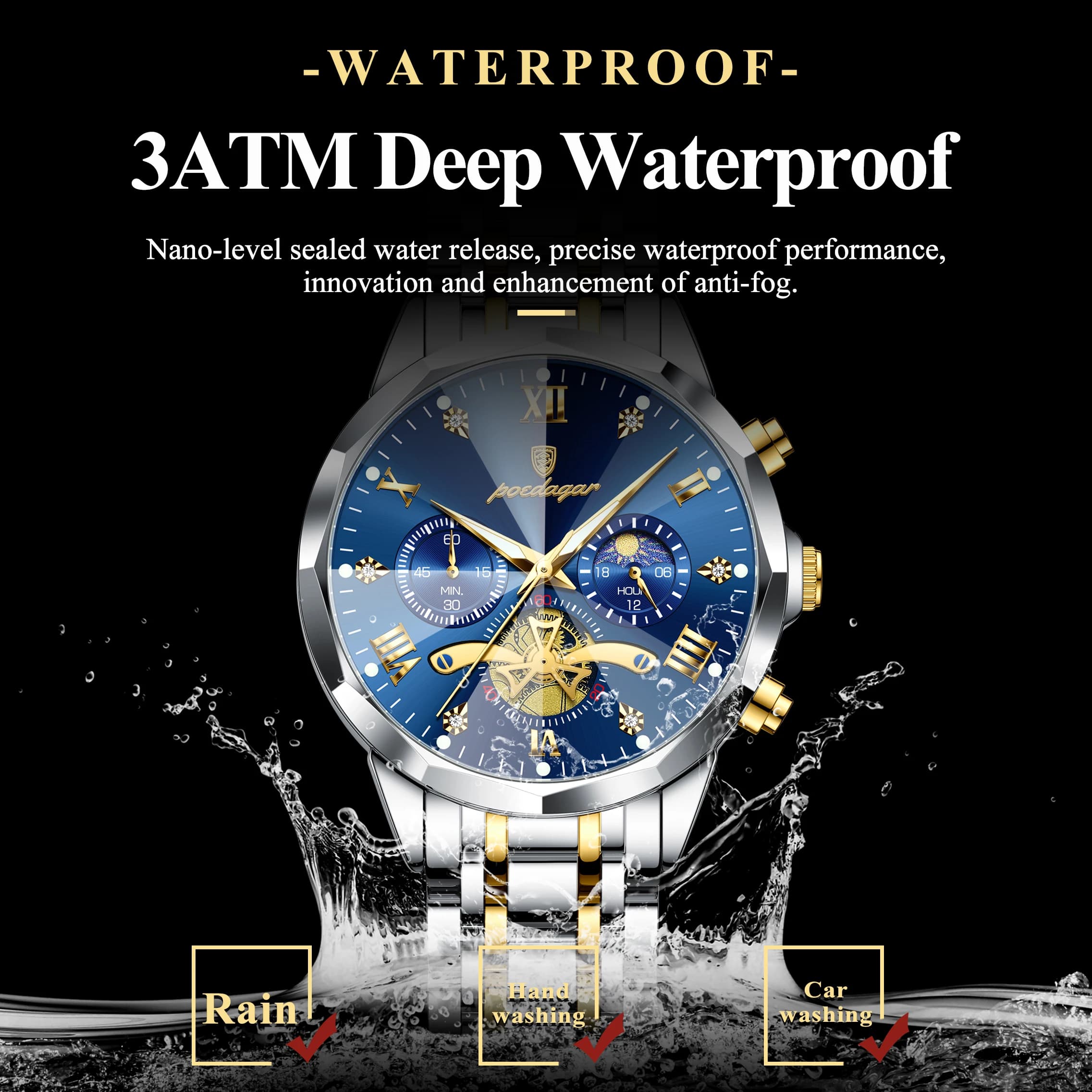 POEDAGAR luxe hommes montre haut Original étanche lumineux chronographe homme montre-bracelet en acier inoxydable Quartz hommes montres Reloj — 3/10