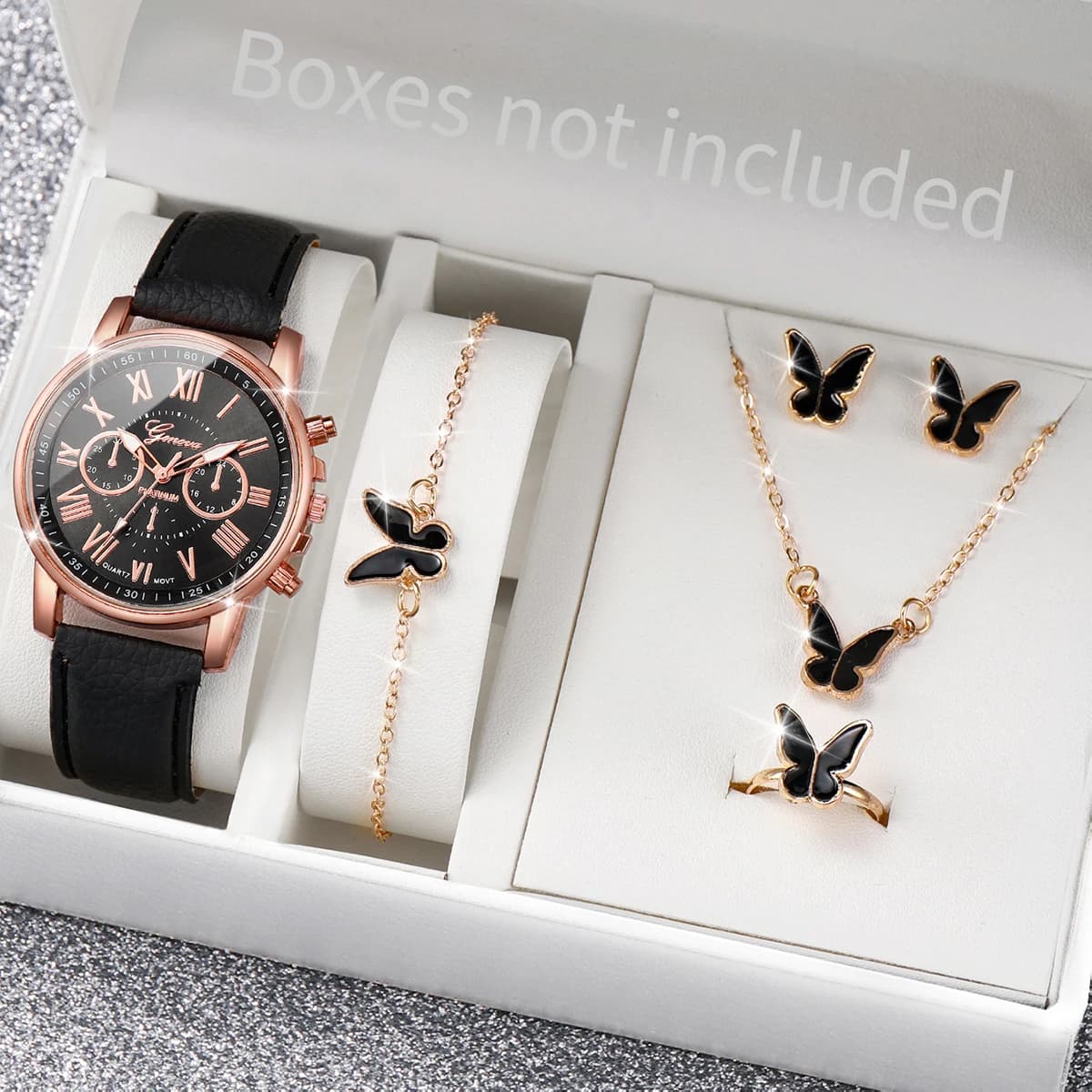 Montre à quartz avec bracelet en cuir pour femme, montres-bracelets analogiques, ensemble de bijoux en biscuits coeur, mode, sans boîte, 5 pièces, 6 pièces — 6/10